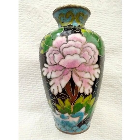 Cloisonne Vase Tiny Vintage Chinese Black Pink Green Blue Floral Design - Picture 1 of 10